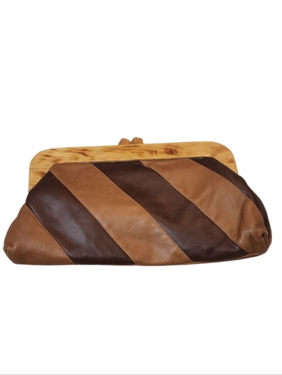 Lecy Handbags - Vintage 1980s LECY Genuine Leather Clutch Purse Wood Frame Brown Tan Geometric